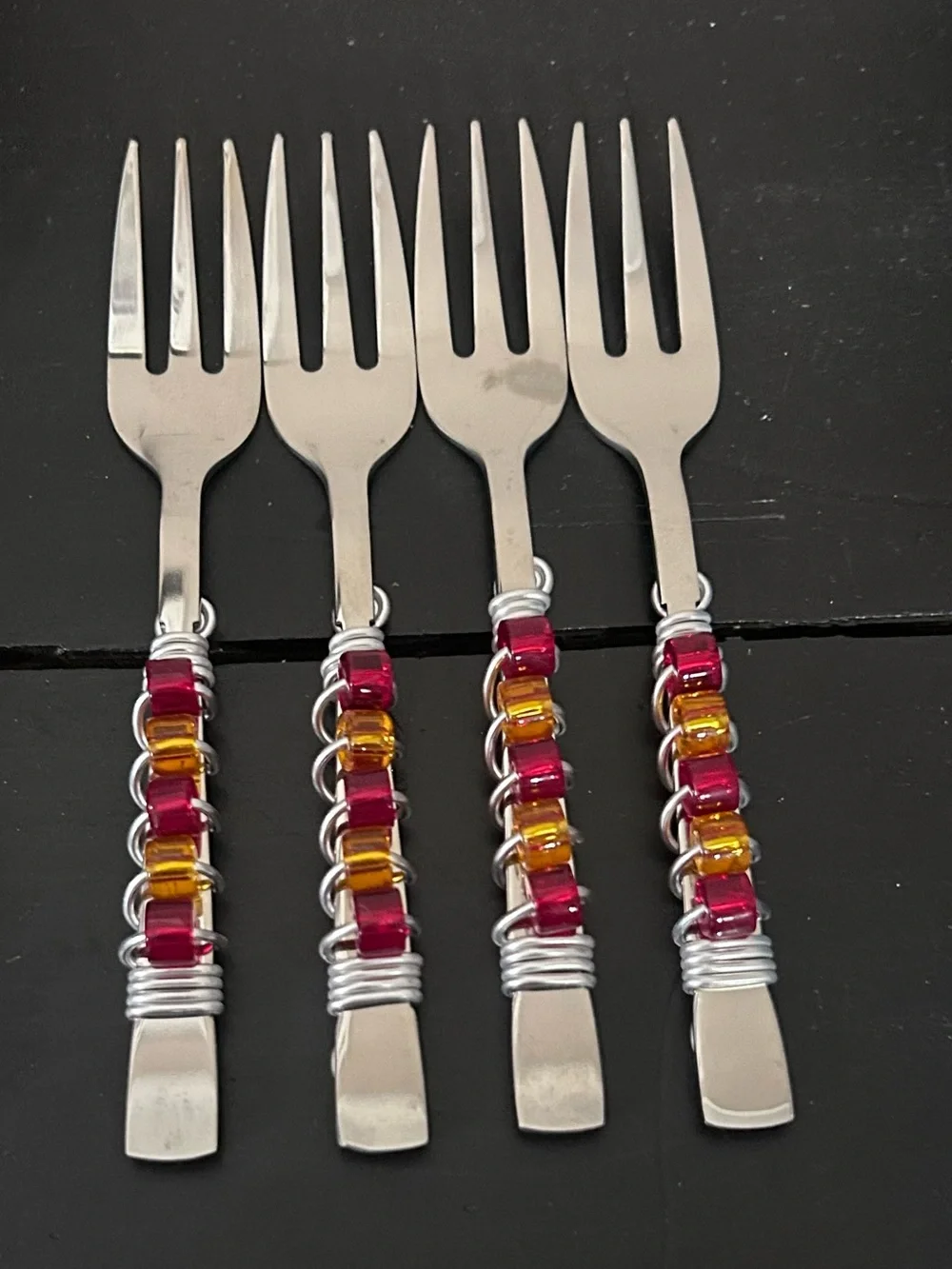 Beaded Handle Dessert Forks - Black and Silver Accent (Set)